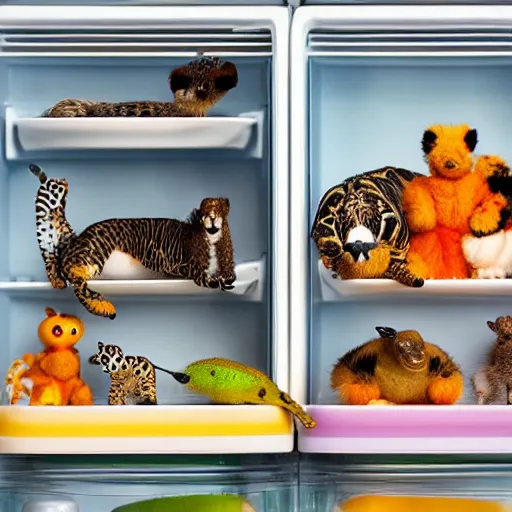 Image similar to a shelf in a refrigerator filled with miniature wild animals, hyper realistic, depth of field