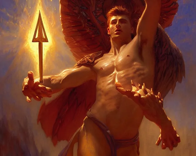 Image similar to attractive male deity, casting demonic magic, summoning handsome lucifer morning star. highly detailed painting by gaston bussiere, craig mullins, j. c. leyendecker 8 k