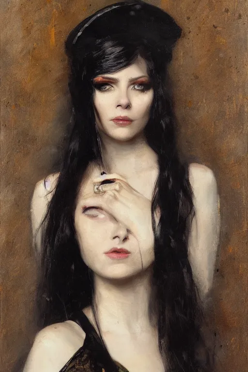 Image similar to Richard Schmid and Jeremy Lipking full length portrait painting of a young beautiful victorian steampunk vampire woman Elvira Mistress of the Dark