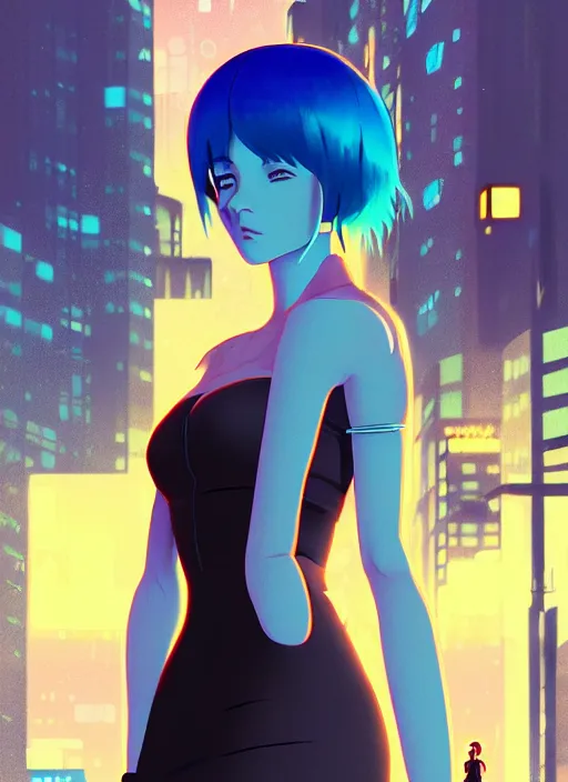 Image similar to digital illustration of cyberpunk pretty girl with blue hair, wearing a tight black dress, full body pose, in city street at night, by makoto shinkai, ilya kuvshinov, lois van baarle, rossdraws, basquiat