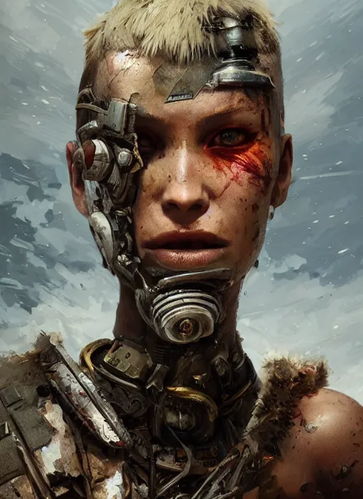 Image similar to hyper realistic photography portrait of postapocalyptic albino cyborg tribal warrior amazon cinematic, vallejo, craig mullins greg rutkowski, artstation, cgsociety