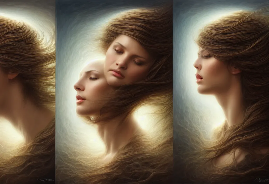 Prompt: picture split from the middle with an border, angels with different backroundsnon, intricate, elegant, highly detailed, realistic hair, centered, digital painting, art station, conceptual art, soft, sharp focus, illustration, artwork, artgerm, tomasz alen kopera, donato giancola, wlop, boris vallejo