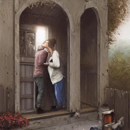 Image similar to a guy is leaving is home with luggage and sad angry mood, his wife is kissing another man under the porch of the house, highly detailed,, artstation hd, deviantart, by madgwick,, greg rutkowski, artgerm