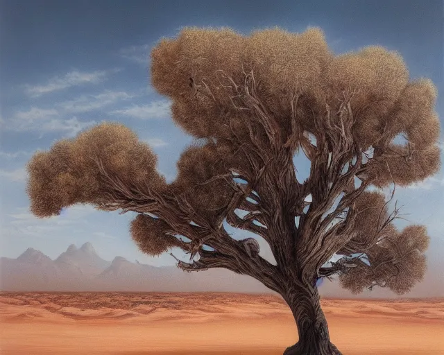 Prompt: a painting of a tree in the desert, an airbrush painting by breyten breytenbach, cgsociety, airbrush art, dystopian art, apocalypse landscape