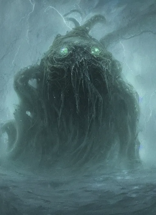 Prompt: concept art of a slimy cthulhu emerging from a thunder storm, thalassophobia, multiple illuminated lightning!!!, thunder!!!, amazing depth, lovecraftian, by jeremy mann, hr giger, beksinski, unreal engine highly rendered, ominous, misty, volumetric fog, 8 k