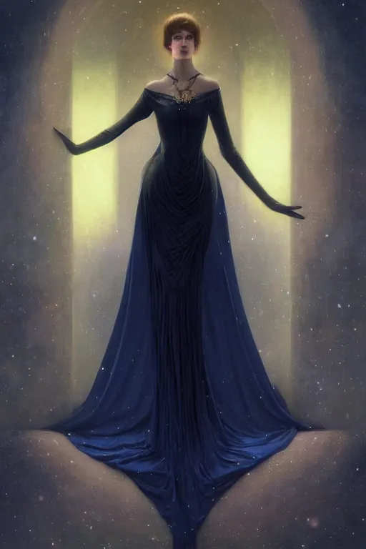 Image similar to Nocturne, glowing, stars, a long-legged elegant evil woman, highly detailed, mysterious, ethereal, dressed in midnight blue velvet, haute couture, illustration, dramatic lighting, soft details, painting, by Edmund Blair Leighton, Brom, Charlie Bowater, trending on artstation, faces by Tom Bagshaw, otto schmidt