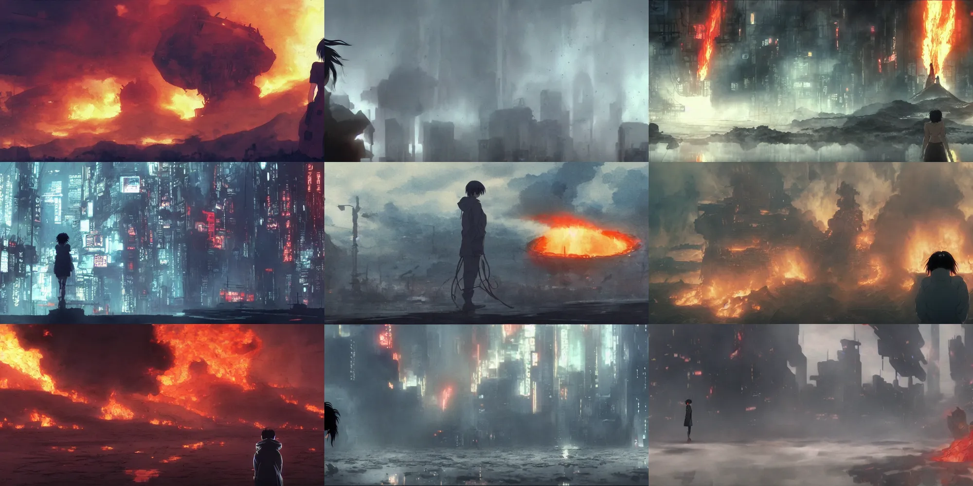 Prompt: incredible wide screenshot, ultrawide, simple water color, paper texture, katsuhiro otomo ghost in the shell anime movie scene, backlit death defying action shot girl in parka, hellscape, hell!!!! mount doom, earthquake destruction, reflection, thick fog, smoke, destroyed robots, blazing fire, burning inferno