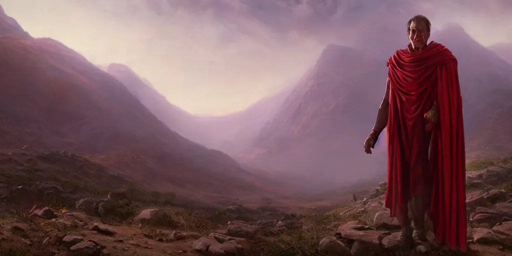 Image similar to the end is near. a tired julius caesar standing in the atlas mountains. face is highly detailed. splices of red are running down his toga. mist. color scheme red. low angle close shot. atmospheric. global illumination. unreal engine render. imagined by jeremy lipking
