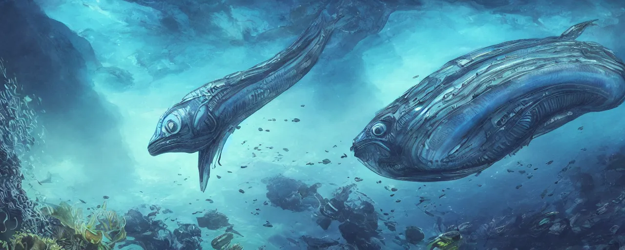 Prompt: Alien-like fish swimming underwater on the ocean bed on an alien world, deep blue water color, cinematic perspective, matte painting, Artstation, H 768