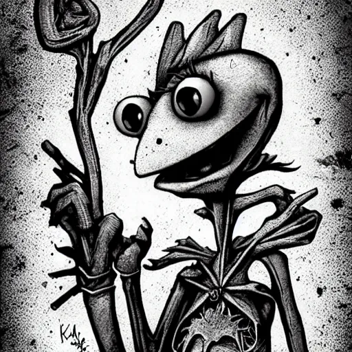 Image similar to michael karcz punk grunge cartoon drawing of kermit the frog. , in the style of corpse bride, loony toons style, horror themed, detailed, elegant, intricate