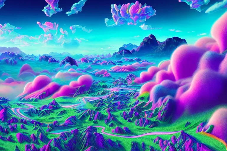 Prompt: a psychedelic realm with rolling plains made out of clouds, mountains made out of icebergs, and plant life made out of cotton candy, in the style of wlop and lisa frank, illustration, epic, fantasy, hyper detailed, smooth, unreal engine, sharp focus, ray tracing
