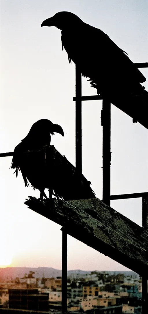 Prompt: Portrait of a tired battle-worn rugged post-apocalypse survivor staring contemplatively into the sunset from an abandoned overgrown rooftop terrace. A crow perched above stares at the sun, as well. Masterpiece. Photo taken with Kodak Professional Pro Image 100 35mm film.