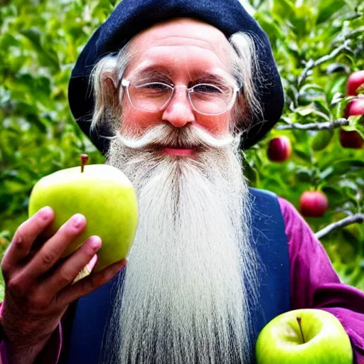 Prompt: beautiful professional photograph of a wizard with a very long white beard, brewing brewing, potions, elixirs, potions potions, in an apple!!! orchard