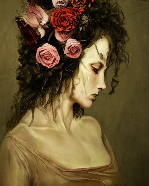 Prompt: a beautiful and eerie baroque painting of a beautiful but serious woman in layers of fear, with haunted eyes and dark hair piled on her head, 1 9 7 0 s, seventies, floral wallpaper, wilted flowers, morning light showing injuries, delicate ex embellishments, painterly, offset printing technique