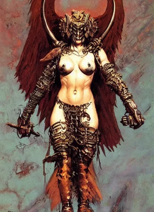 Image similar to portrait of junoesque norwegian female chaos angel, beautiful! coherent! by frank frazetta, by brom, strong line, muted color, rusted spiked armor, iron helm, high contrast, maximalist