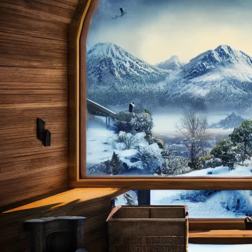 Prompt: a photo from the back of a landscape of a house with views on snowy mountains, high detailed, hyper realistic, art station, 4k, 8k, atmosphere, cgstation