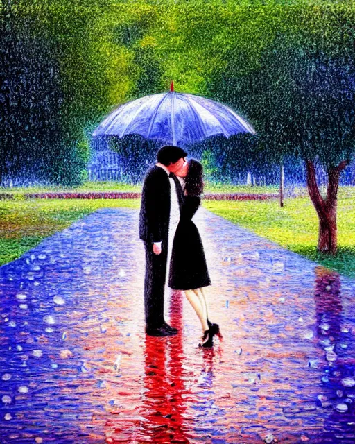 Prompt: raindrops, rain, square, park, lake, man and woman under a black umbrella, trees, kiss, paths, lake, impressionism.