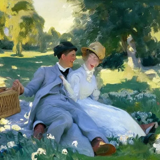 Image similar to a young man and woman sitting in a beautiful garden on a picnic blanket on a hot summers day laughing, john singer sargent style, 4 k, beautiful, elegant, vintage