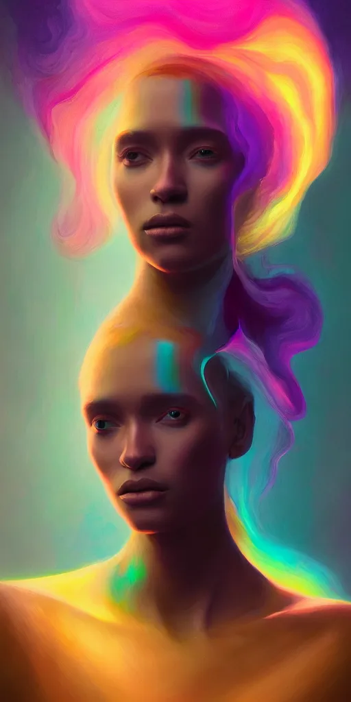 Image similar to 👾👗🛸🌈🧛🏾♀, phantom, dreary, dramatic, fluid, iridescent, golden ratio, artstation, moebius + loish + wlop, hd, oil painting, hyper realistic,