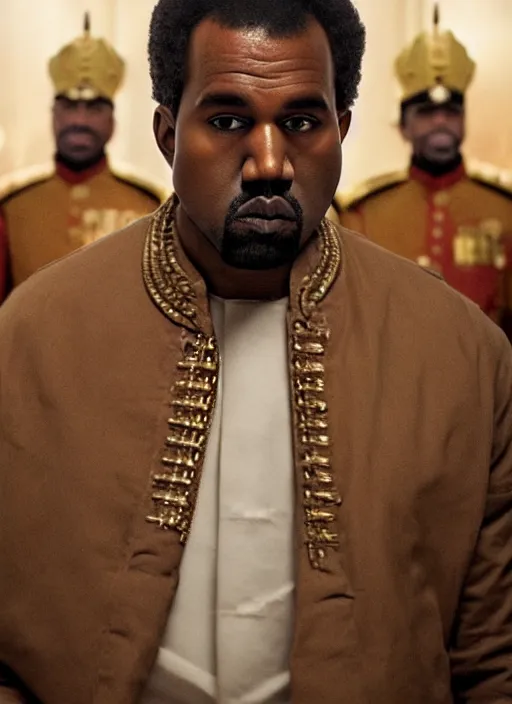 Image similar to kanye west as muammar kadhafi and emperor napoleon, splash art, movie still, detailed face, cinematic lighting, dramatic, octane render, long lens, shallow depth of field, bokeh, anamorphic lens flare, 8 k, hyper detailed, 3 5 mm film grain