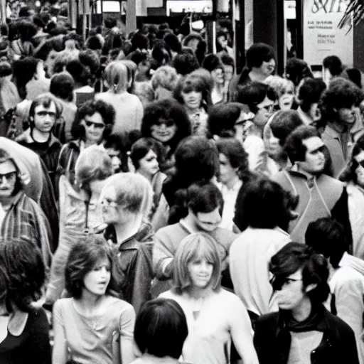 Prompt: People in a crowded mall, circa 1980