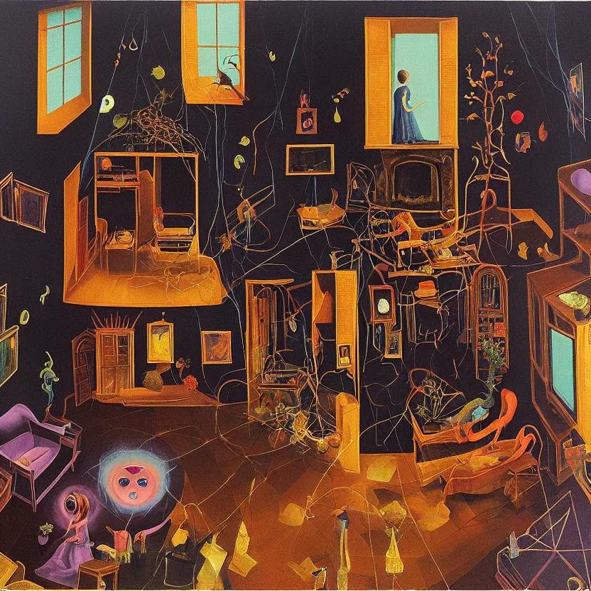 Image similar to One man and one woman attached by love in a living room of a house, floating dark energy surrounds the middle of the room. There is one living room plant to the side of the room, surrounded by a background of dark cyber mystic alchemical transmutation heavenless realm, by Remedios Varo and Anato Finnstark and Greg Rutkowski and Andy Warhol, dayglo pink, dayglo blue, prismatic, pearlescent white, raven black, hyperrealism, 8k, trending on ArtStation, rendered in Octane, rendered in Unreal engine, award winning, volumetric lighting