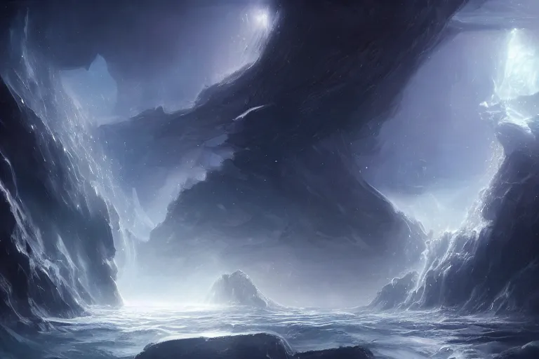 Image similar to primordial waters, chaos, the world without form and void, darkness shone on the face of the deep, amazing concept painting by Jessica Rossier