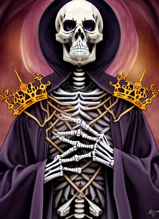 Image similar to undead skeleton king, wearing an academic gown, tarot card, highly detailed, deep focus, elegant, digital painting, smooth, sharp focus, illustration, ultra realistic, 8 k, art by artgerm and alphonse mucha