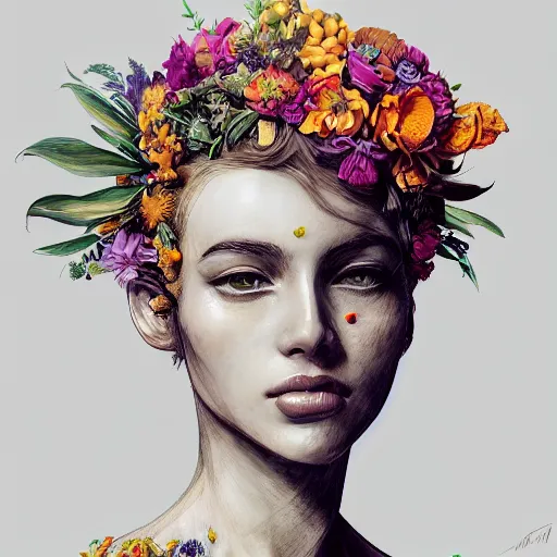 Image similar to the portrait of an absurdly beautiful, graceful, elegant young woman made of bananas and petals looking to the side, an ultrafine detailed illustration by kim jung gi, irakli nadar, intricate linework, bright colors, octopath traveler, final fantasy, angular, unreal engine 5 highly rendered, global illumination, radiant light, detailed and intricate environment