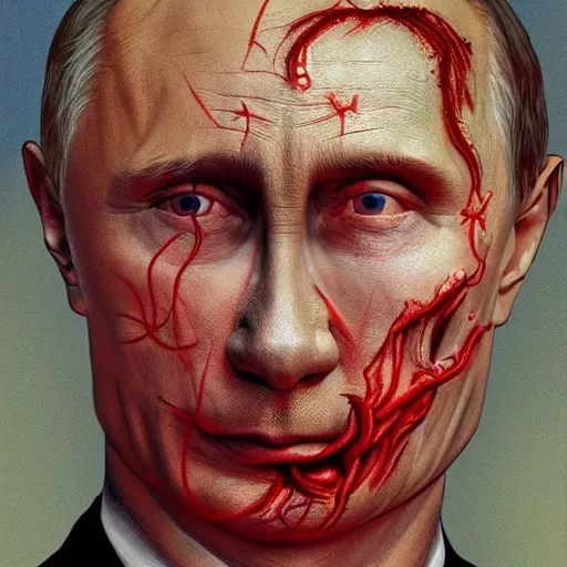 Prompt: vladimir putin became bloody ugly lovecraftian degenerate abomination, photo - realistic, color image, 2 k, highly detailed, bodyhorror, occult art