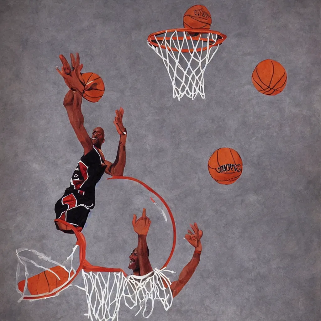 Prompt: Michael Jordan dunking basketball into hula hoops, had, photorealistic