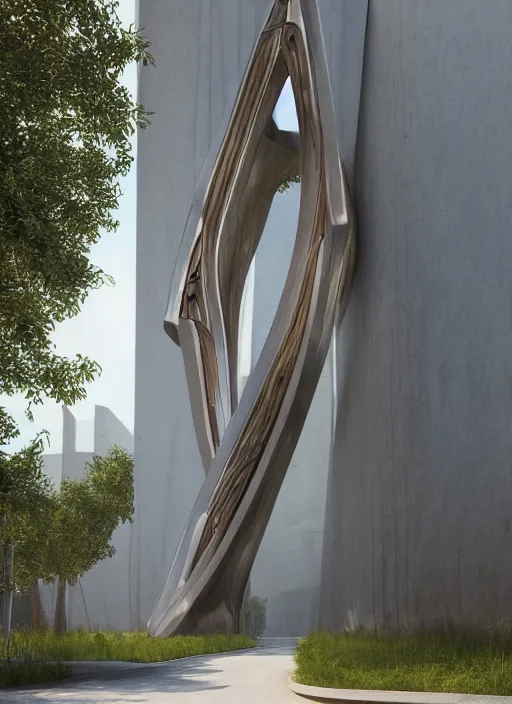 Image similar to highly detailed realistic architecture 3 d render of a wood and metal stele monument in zaha hadid style standing on a side of a road, archdaily, made in unreal engine 4 octane render