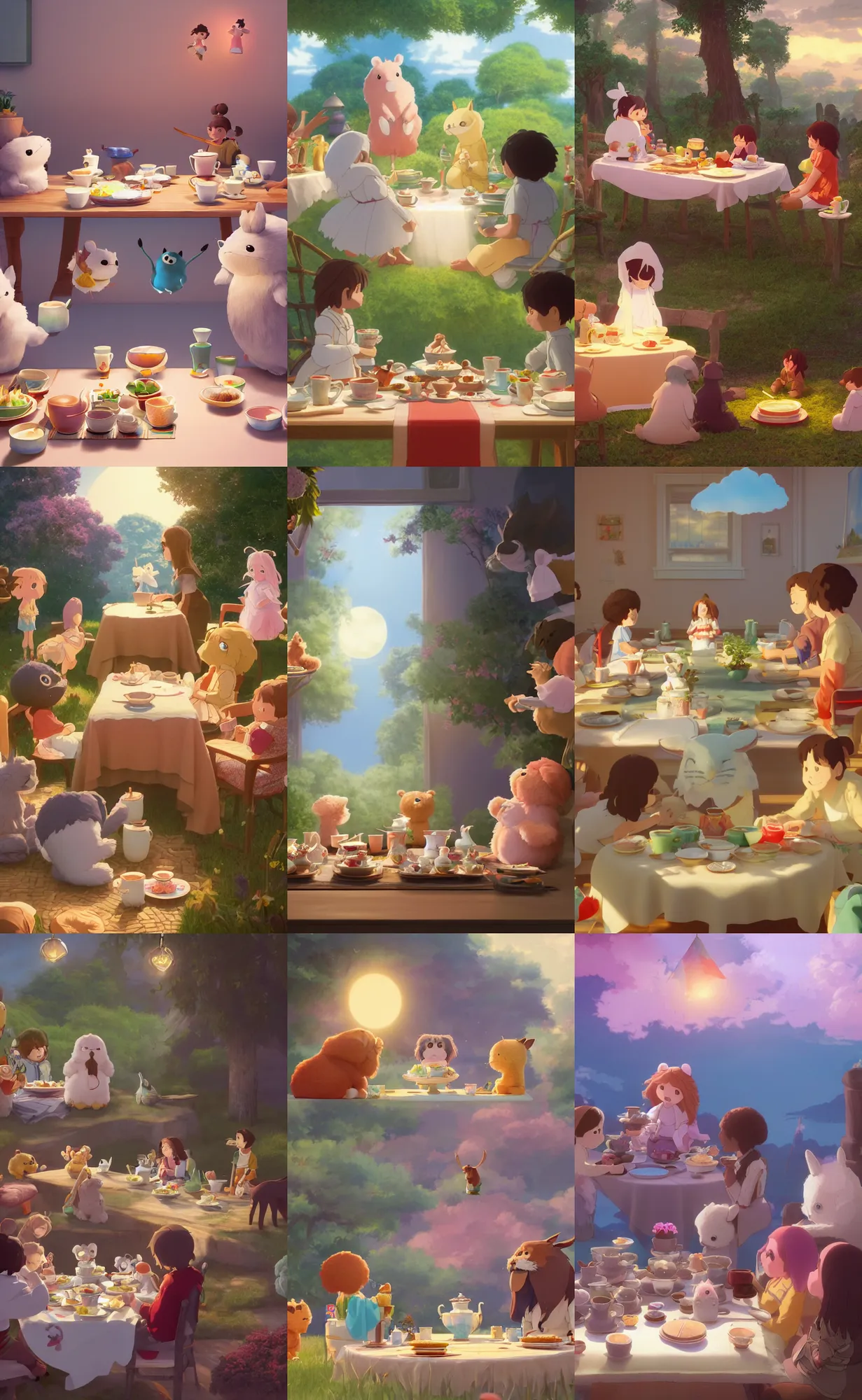 Prompt: a wholesome illustration of a stuffed animal tea party with Jesus, studio Ghibli, Pixar and Disney animation, sharp, Rendered in Redshift and Unreal Engine 5 by Greg Rutkowski, Bloom, dramatic lighting