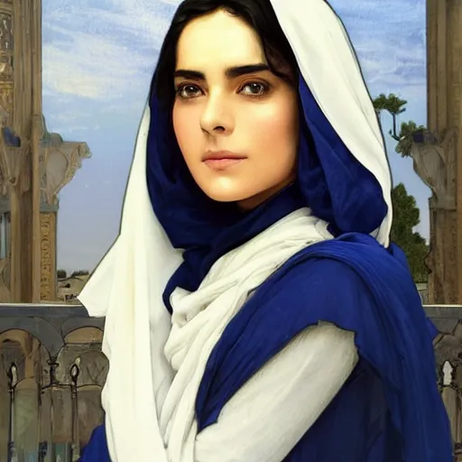 Image similar to greek Ameera al-Taweel, blue eyes, wavy black hair, white veil, highly detailed, digital painting, artstation, concept art, smooth, sharp focus, illustration, ArtStation, art by artgerm and greg rutkowski and alphonse mucha and J. C. Leyendecker and Edmund Blair Leighton and Katsuhiro Otomo and Geof Darrow and Phil hale and Ashley wood and Ilya repin and Charlie Bowater