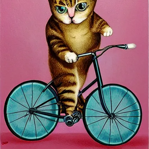 Image similar to cat on a triciycle, lowbrow painting by mark ryden