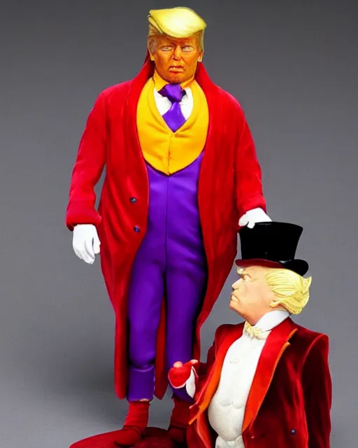 Prompt: wide angle photo of a maquette sculpture of donald trump as willy wonka, he is wearing a victorian era purple jacket and pants, and a velvet purple top hat over his long orange hair. he is holding a candy cane colored cane. his skin is an orange color like an oompa loompa. in the style of sideshow collectibles, highly detailed sculpture