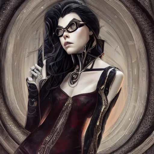 Prompt: a portrait a older anya taylor - joy as bayonetta, urban motifs, intricate, elegant, highly detailed, digital painting, trending on artstation, concept art, smooth sharp focus, illustration, art by artgerm and greg rutkowski