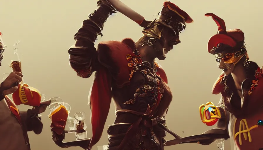 Image similar to High fashion warrior work as a waiter at Mcdonalds, hyperdetailed, artstation, cgsociety, 8k