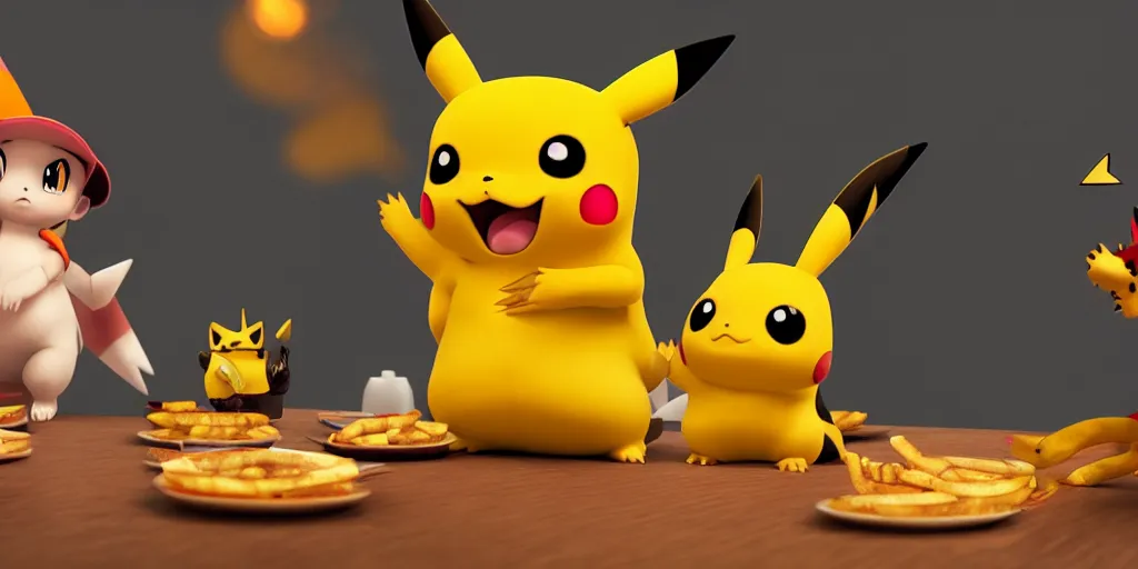 Image similar to a cute Pikachu and an impressive Charizard next to a table eating some delicious hamburgers, digital art, wide shot, highly detailed, hyperrealistic, photorealistic, unreal engine 5, very detailed, emotional, made by a professional 3d artist, dynamic lighting, trending on artstation, 4k uhd, epic composition, masterpiece