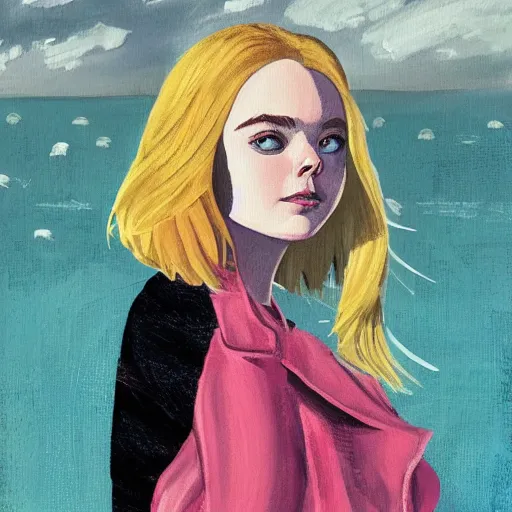 Image similar to painting of Elle Fanning looking at the ocean, in the style of the New Mutants comics