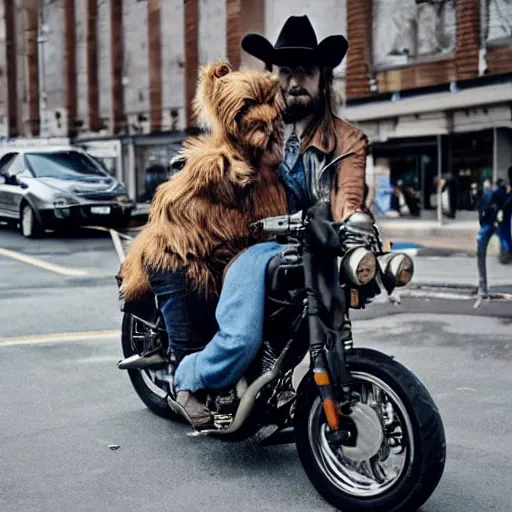 Prompt: a cute little, creature, on the shoulders of a tall, stocky man with long hair and a long trench coat and cowboy hat, next to a motorcycle