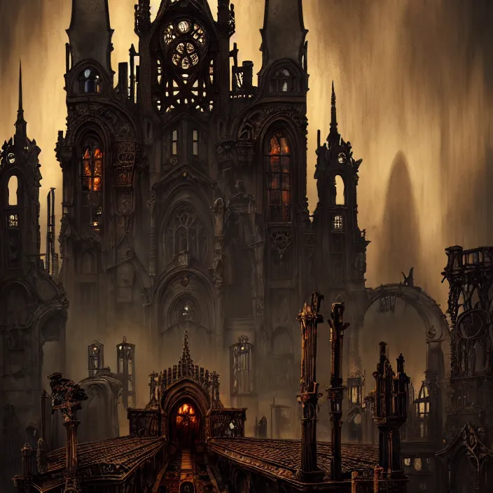 Image similar to steam necropolis, memento mori, gothic, neo - gothic, art nouveau, hyperdetailed copper patina medieval icon, stefan morrell, philippe druillet, ralph mcquarrie, concept art, steampunk, unreal engine, detailed intricate environment, octane render, moody atmospherics, volumetric lighting, ultrasharp, ominous, otherworldly