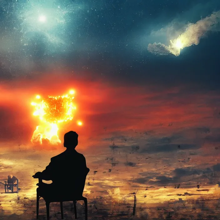 Image similar to cinematic movie, background blur bokeh, old man sitting in chair with black cat watching nuke explosion, world ending nuke, 4 k