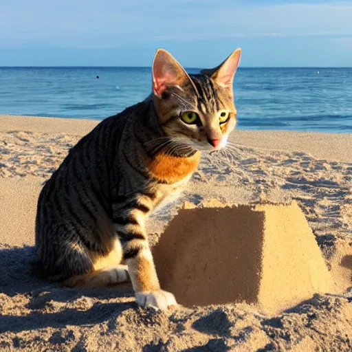 Image similar to a tabby cat building a sandcastle on the beach