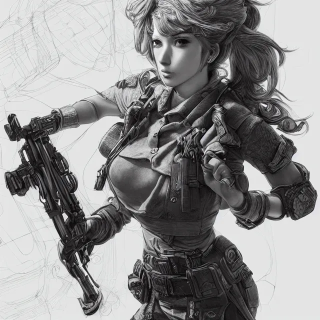 Image similar to the portrait of lawful neutral semi - colorful female infantry gunner as absurdly beautiful, gorgeous, elegant, young gravure idol, an ultrafine hyperdetailed illustration by kim jung gi, irakli nadar, intricate linework, bright colors, octopath traveler, final fantasy, unreal engine 5 highly rendered, global illumination, radiant light, detailed and intricate environment