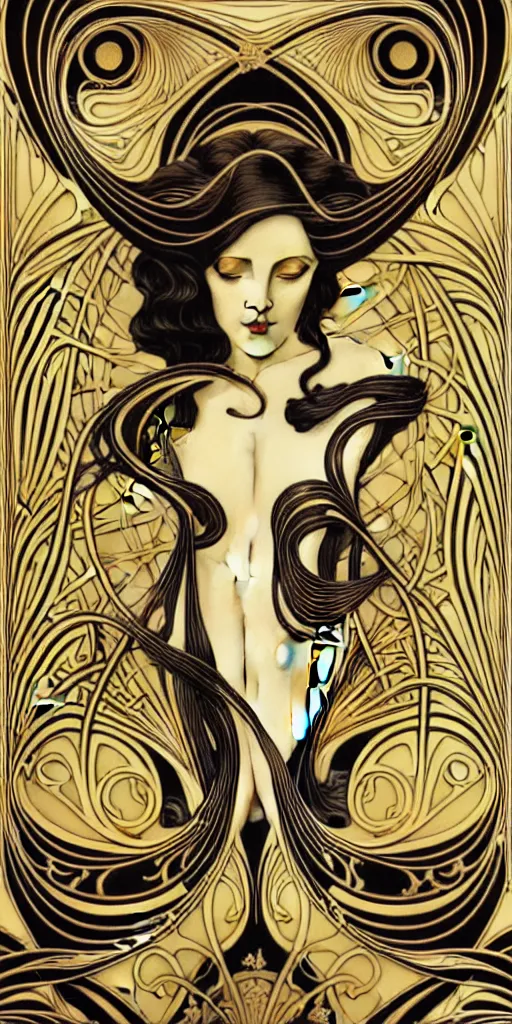 Prompt: the source of future growth dramatic, elaborate emotive Art Nouveau styles to emphasise beauty as a transcendental, seamless pattern, symmetrical, large motifs, hyper realistic, 8k image, 3D, supersharp, Flying shiny silk fabric in Art nouveau curves spirals and swirls, iridescent and black and gold colors , perfect symmetry, iridescent, High Definition, sci-fi, Octane render in Maya and Houdini, light, shadows, reflections, photorealistic, masterpiece, smooth gradients, no blur, sharp focus, photorealistic, insanely detailed and intricate, cinematic lighting, Octane render, epic scene, 8K