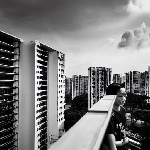 Prompt: photo of two singaporean students on the roof of a hdb flat, black and white, award winning, composition