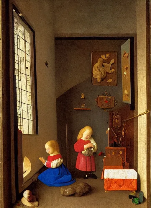 Image similar to cozy children room with toys, there was a crib with very high barred sides against the wall. The boy was holding a toy in his hands, apparently fiddling with it, medieval painting by Jan van Eyck, Johannes Vermeer