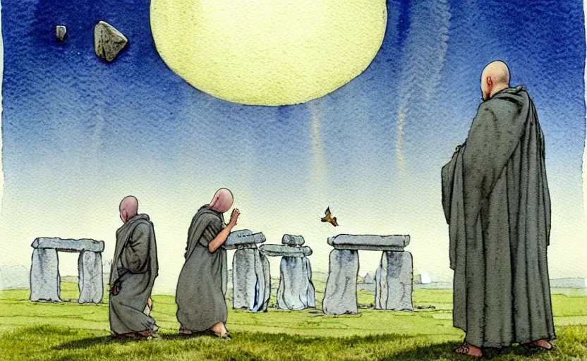 Image similar to a hyperrealist watercolour character concept art portrait of small grey medieval monks with floating stones in the air in front of a complete stonehenge monument on a misty night. a ufo is in the sky. by rebecca guay, michael kaluta, charles vess and jean moebius giraud