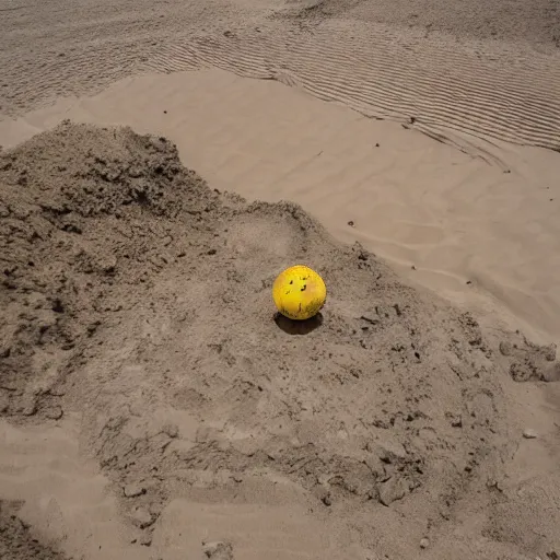 Image similar to in the distance, in the center of a large sandy quarry, a large golden ball lies in the sand, a broken excavator and a man in military uniform standing nearby, stylization is a grainy photo, high quality, depth of sharpness, emphasis and focus on the golden ball